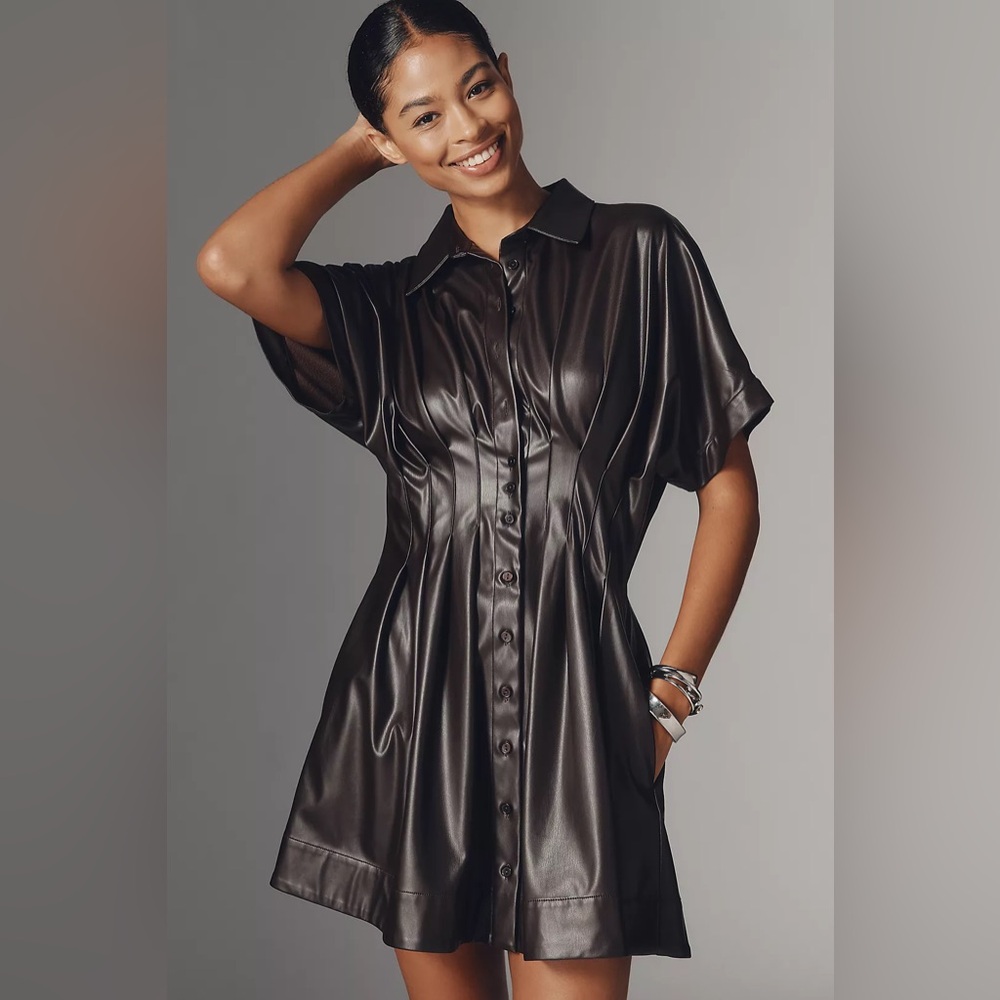 Anthropologie The Tobie Faux Leather Mini Shirt Dress by Exquise